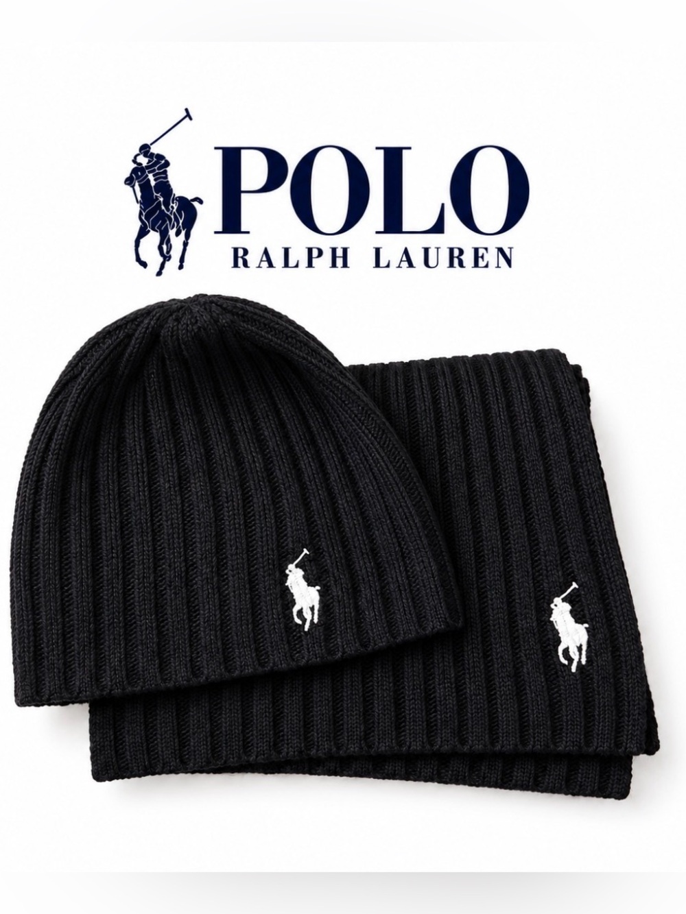Polo Ralph Lauren Black Ribbed Knit Beanie & Scarf 2 Piece Set One Size